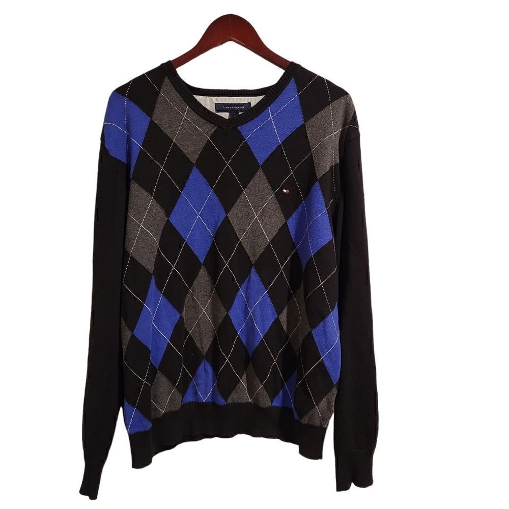 Vintage Tommy Hilfiger Argyle Pullover Men's V-Neck Sweater Large